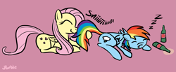 Size: 2919x1206 | Tagged: safe, artist:purblehoers, derpibooru import, fluttershy, rainbow dash, pegasus, pony, cider, cute, drunk, drunker dash, female, go home you're drunk, happy, mare, passed out, simple background, sleeping, smiling, sniffing