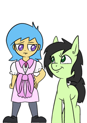 Size: 1000x1414 | Tagged: safe, artist:happy harvey, derpibooru import, oc, oc only, oc:anon filly, oc:little league, earth pony, human, pony, equestria girls, bow, clothes, colored pupils, drawn on phone, dress, ear fluff, ears, female, filly, foal, humanized, looking at each other, looking at someone, looking down, looking sideways, looking up, pink dress, shoes, simple background, smiling, stockings, thigh highs, transparent background, unamused