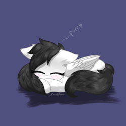 Size: 1280x1280 | Tagged: safe, artist:coarfdraw, derpibooru import, oc, oc only, oc:jet blast, pegasus, behaving like a cat, blushing, cheek fluff, cute, ear fluff, ears, ocbetes, purr, purring, simple background, sleeping, solo, wing fluff, wings