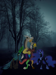 Size: 900x1200 | Tagged: safe, artist:willyvwj, derpibooru import, discord, nightmare moon, queen chrysalis, alicorn, changeling, changeling queen, draconequus, pony, antagonist, female, irl, male, photo