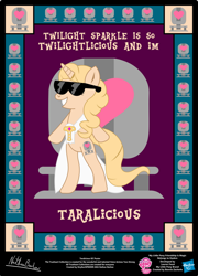 Size: 758x1054 | Tagged: safe, artist:strykarispeeder, derpibooru import, part of a set, oc, oc only, oc:taralicious, pony, unicorn, bipedal, female, mare, sunglasses, tara strong, twilightlicious