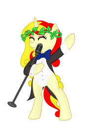 Size: 715x956 | Tagged: artist needed, safe, derpibooru import, oc, oc only, oc:miss libussa, pony, unicorn, bipedal, bowtie, clothes, czequestria, female, mare, mascot, microphone, raised hoof, raised leg, solo, suit