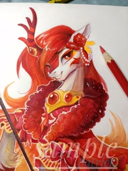 Size: 1536x2048 | Tagged: safe, artist:paipaishuaige, derpibooru import, autumn blaze, kirin, ear piercing, earring, flower, jewelry, lidded eyes, piercing, smiling, solo, traditional art