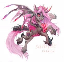 Size: 2048x1978 | Tagged: safe, artist:paipaishuaige, derpibooru import, oc, oc only, dracony, dragon, hybrid, black sclera, grin, horns, looking at you, raspberry, sharp teeth, smiling, solo, spread wings, teeth, tongue, tongue out, traditional art, webbed wings, wings