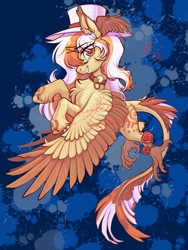 Size: 1620x2160 | Tagged: safe, artist:paipaishuaige, derpibooru import, oc, oc only, hybrid, pony, chest fluff, choker, clock, colored wings, colored wingtips, flying, hat, leonine tail, looking at you, smiling, spread wings, tail, talons, wings