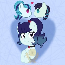 Size: 1080x1080 | Tagged: safe, artist:alkane.adopts, derpibooru import, coloratura, sonata dusk, oc, oc:showtime, pony, abstract background, choker, crack ship offspring, equestria girls ponified, female, floating heart, gem, heart, lesbian, looking at you, magical lesbian spawn, obtrusive watermark, offspring, parent:coloratura, parent:rarity, parent:sonata dusk, ponified, rara, shipping, siren gem, watermark