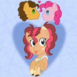 Size: 1080x1080 | Tagged: safe, artist:alkane.adopts, derpibooru import, cheese sandwich, pinkie pie, oc, oc:funfetti icing, earth pony, pony, abstract background, apron, cheesepie, clothes, coat markings, female, floating heart, heart, looking at you, male, obtrusive watermark, offspring, parent:cheese sandwich, parent:pinkie pie, parents:cheesepie, pigtails, shipping, straight, tongue, tongue out, watermark
