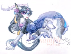 Size: 2208x1678 | Tagged: safe, artist:paipaishuaige, derpibooru import, oc, oc only, earth pony, hybrid, wolf, clothes, flower, flower in hair, jewelry, pendant, smiling, solo, traditional art, unshorn fetlocks