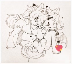 Size: 1024x904 | Tagged: safe, artist:paipaishuaige, derpibooru import, oc, oc only, bat pony, pony, unicorn, chest fluff, choker, cuddling, curved horn, heart, horn, lidded eyes, smiling, traditional art