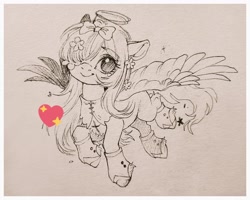 Size: 1024x820 | Tagged: safe, artist:paipaishuaige, derpibooru import, oc, oc only, pegasus, pony, bow, cuffs, flower, flower in hair, flying, hair bow, hair over one eye, halo, heart, looking at you, smiling, solo, spread wings, traditional art, wings