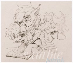 Size: 1024x882 | Tagged: safe, artist:paipaishuaige, derpibooru import, oc, oc only, bat pony, pegasus, pony, book, commission, garter, glasses, happy, open mouth, smiling, sparkles, spread wings, traditional art, watermark, wings