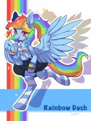 Size: 1668x2224 | Tagged: safe, artist:qamar, derpibooru import, rainbow dash, anthro, pegasus, unguligrade anthro, arm hooves, chest fluff, clothes, front knot midriff, looking at you, midriff, shirt, skirt, smiling, socks, spread wings, stockings, striped socks, thigh highs, wings, zettai ryouiki