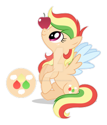 Size: 1280x1498 | Tagged: safe, artist:auroranovasentry, derpibooru import, oc, oc:zap cloud, pegasus, pony, apple, colored wings, deviantart watermark, female, food, magical lesbian spawn, mare, obtrusive watermark, offspring, parent:applejack, parent:rainbow dash, parents:appledash, simple background, solo, transparent background, two toned wings, watermark, wings