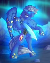 Size: 1809x2281 | Tagged: safe, artist:fkk, derpibooru import, oc, oc only, oc:sky star, pegasus, pony, aurora borealis, bipedal, blurry background, chest fluff, commission, eyebrows, glowing, glowing eyes, hoof hold, male, mountain, night, outdoors, sky, solo, stallion, sword, unshorn fetlocks, weapon, wings