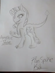 Size: 1944x2592 | Tagged: safe, artist:splashiebro, derpibooru import, oc, oc:amethyst jade, dracony, hybrid, female, interspecies offspring, monochrome, offspring, parent:rarity, parent:spike, parents:sparity, pencil drawing, solo, traditional art