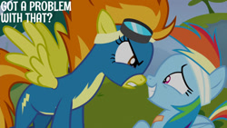 Size: 1280x720 | Tagged: safe, derpibooru import, edit, edited screencap, editor:quoterific, screencap, rainbow dash, spitfire, pegasus, pony, newbie dash, season 6, clothes, female, goggles, grin, mare, smiling, spread wings, uniform, wings, wonderbolts uniform