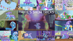 Size: 1280x721 | Tagged: safe, derpibooru import, edit, edited screencap, editor:quoterific, screencap, applejack, starlight glimmer, trixie, earth pony, pegasus, pony, unicorn, a horse shoe-in, boast busters, no second prances, road to friendship, season 1, season 6, season 7, season 8, season 9, to change a changeling, to where and back again, uncommon bond, spoiler:s08, spoiler:s09, ^^, applejack's hat, bipedal, brooch, cape, chalkboard, clothes, cowboy hat, cute, diatrixes, eyes closed, female, fireworks, flower, grin, hat, jewelry, magic, male, mare, school of friendship, smiling, smoke, stallion, telekinesis, trixie's brooch, trixie's cape, trixie's hat, trixie's wagon, wagon