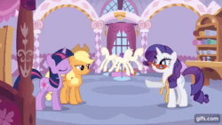 Size: 640x360 | Tagged: safe, derpibooru import, screencap, applejack, rainbow dash, rarity, twilight sparkle, unicorn twilight, earth pony, pegasus, pony, unicorn, season 1, suited for success, animated, applejack's hat, carousel boutique, clothes, cowboy hat, eyes closed, female, gif, gifs.com, glasses, hat, mannequin, mare, open mouth, open smile, rainbow crash, rarity's glasses, smiling, spread wings, wings