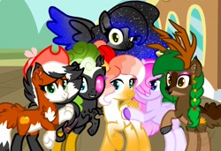 Size: 1024x699 | Tagged: safe, artist:teonnakatztkgs, derpibooru import, oc, oc only, changeling, deer, fox, fox pony, hybrid, pegasus, antlers, base used, braid, changeling oc, colored hooves, deer oc, ethereal mane, group, hair over one eye, hat, heterochromia, outdoors, pegasus oc, smiling, starry mane