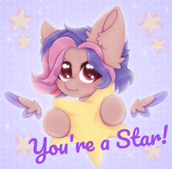 Size: 1080x1058 | Tagged: safe, artist:saltyvity, derpibooru import, oc, pegasus, pony, blue background, blushing, commission, cute, red eyes, simple background, solo, sparkles, stars