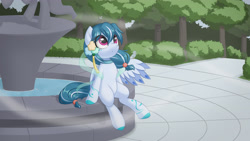 Size: 4267x2400 | Tagged: safe, artist:one4pony, derpibooru exclusive, derpibooru import, oc, oc only, oc:雾清, bird, pegasus, 16:9, fog, fountain, high res, park, solo, statue, wallpaper, water