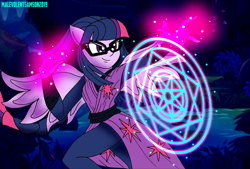 Size: 1280x864 | Tagged: safe, artist:malevolentsamson, derpibooru import, sci-twi, twilight sparkle, equestria girls, female, glasses, glowing hands, magic, magic circle, ponied up, solo