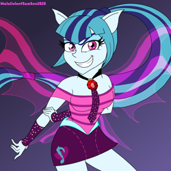 Size: 4409x4409 | Tagged: safe, artist:malevolentsamson, derpibooru import, sonata dusk, equestria girls, absurd resolution, arm behind back, evil grin, female, gem, grin, pony ears, siren gem, smiling, solo, wings