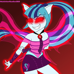 Size: 4409x4409 | Tagged: safe, alternate version, artist:malevolentsamson, derpibooru import, sonata dusk, equestria girls, absurd resolution, arm behind back, evil grin, fangs, female, gem, glowing, glowing eyes, grin, pony ears, red eyes, siren gem, smiling, solo, wings