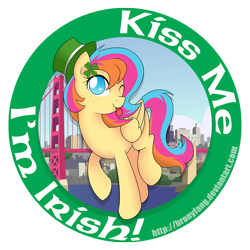 Size: 1000x1000 | Tagged: safe, artist:bronyfang, derpibooru import, oc, oc only, oc:golden gates, pegasus, pony, ;p, babscon, babscon mascots, clover, female, four leaf clover, golden gate bridge, hat, irish, kiss me, mare, no pupils, one eye closed, simple background, solo, tongue, tongue out, transparent background, uncial script