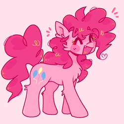 Size: 1000x1000 | Tagged: safe, artist:neonmckillme, derpibooru import, pinkie pie, earth pony, pony, ^^, chest fluff, emanata, eyes closed, open mouth, open smile, pink background, simple background, smiling, solo