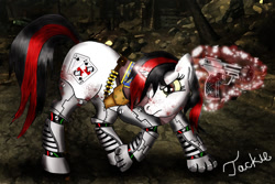 Size: 818x545 | Tagged: safe, artist:ebonypegasus, derpibooru import, oc, oc:blackjack, cyborg, pony, unicorn, fallout equestria, fallout equestria: project horizons, amputee, blood, fanfic art, female, glowing, glowing horn, gun, horn, magic, prosthetics, shooty look, solo, telekinesis, unicorn oc, weapon