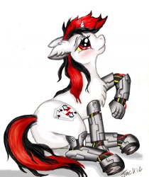 Size: 1212x1440 | Tagged: safe, alternate version, artist:ebonypegasus, derpibooru import, oc, oc only, oc:blackjack, cyborg, pony, unicorn, fallout equestria, fallout equestria: project horizons, amputee, blushing, female, horn, prosthetics, simple background, solo, unicorn oc, white background