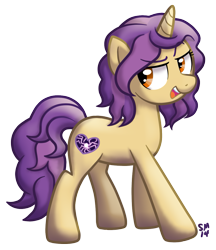 Size: 945x1092 | Tagged: safe, artist:serenamidori, derpibooru import, oc, oc only, oc:lavender frappe, pony, unicorn, eyebrows, eyebrows visible through hair, female, full body, hooves, horn, mare, open mouth, open smile, orange eyes, raised eyebrow, simple background, smiling, solo, standing, tail, transparent background, unicorn oc