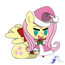 Size: 9934x9934 | Tagged: safe, artist:dimanizma, derpibooru import, fluttershy, pegasus, pony, bag, christmas, clothes, costume, cute, fate/stay night, female, happy new year, hat, holiday, padoru, santa costume, santa hat, simple background, solo, transparent background, watermark, wings