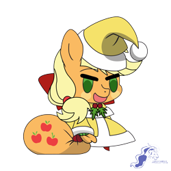 Size: 9934x9934 | Tagged: safe, artist:dimanizma, derpibooru import, applejack, earth pony, pony, bag, christmas, clothes, costume, cute, fate/stay night, female, happy new year, hat, holiday, padoru, santa costume, santa hat, simple background, solo, transparent background, watermark