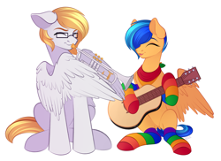 Size: 3997x2903 | Tagged: safe, artist:vetta, derpibooru import, oc, oc only, oc:eclair winglain, oc:ludwig von leeb, pegasus, pony, clothes, female, guitar, male, mare, musical instrument, rainbow socks, simple background, socks, stallion, striped socks, trumpet, white background, wing hands, wings