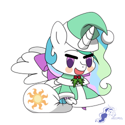 Size: 9934x9934 | Tagged: safe, artist:dimanizma, derpibooru import, princess celestia, alicorn, pony, bag, christmas, clothes, costume, cute, fate/stay night, female, happy new year, hat, holiday, horn, padoru, santa costume, santa hat, simple background, solo, transparent background, watermark, wings