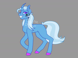 Size: 1280x960 | Tagged: safe, artist:ametrinesolo, derpibooru import, trixie, pony, unicorn, artist signature, female, gray background, grin, looking at you, mare, missing cutie mark, raised hoof, raised leg, redesign, signature, simple background, smiling, smiling at you, solo