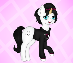 Size: 2344x2027 | Tagged: safe, artist:embermare, artist:emberstoneeqf, derpibooru import, oc, oc only, oc:wafflehead, pony, unicorn, clothes, female, full body, hat, hoodie, solo