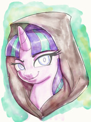 Size: 900x1201 | Tagged: safe, alternate version, artist:raikoh, derpibooru import, starlight glimmer, pony, unicorn, bust, cloak, clothes, experiment, fanfic, fanfic art, fanfic cover, female, green background, looking at you, mare, portrait, simple background, smiling, solo, traditional art, watercolor painting