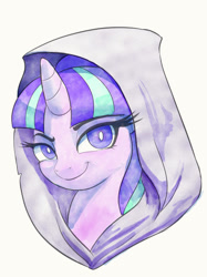 Size: 900x1201 | Tagged: safe, alternate version, artist:raikoh, derpibooru import, starlight glimmer, pony, unicorn, bust, cloak, clothes, experiment, fanfic, fanfic art, fanfic cover, female, looking at you, mare, portrait, simple background, smiling, solo, traditional art, watercolor painting, white background