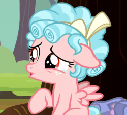 Size: 800x719 | Tagged: safe, derpibooru import, screencap, cozy glow, sniffles, pegasus, pony, marks for effort, spoiler:s08, animated, bag, bags, bow, cropped, crying, curly hair, curly mane, ears, female, filly, floppy ears, foal, freckles, gif, poor thing, sad, sniffing, sniffling, solo, talking, teary eyes, tree, wings