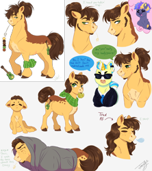 Size: 4000x4500 | Tagged: safe, artist:theartfox2468, derpibooru import, oc, oc only, oc:butterscotch baritone, oc:golden russet, oc:lightning bolt spectrum, earth pony, pegasus, pony, unicorn, apple, bandana, blanket, chest fluff, clothes, coat markings, colt, ear piercing, earpiece, earring, foal, food, freckles, gay, grin, heart, jewelry, lip piercing, magical lesbian spawn, male, necktie, nonbinary, oc x oc, offspring, parent:applejack, parent:bon bon, parent:caramel, parent:lyra heartstrings, parent:rainbow dash, parent:soarin', parents:carajack, parents:lyrabon, parents:soarindash, piercing, scar, shipping, shirt, simple background, sleeping, smiling, suit, sunglasses, tired, unshorn fetlocks, white background