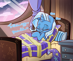 Size: 1500x1260 | Tagged: safe, artist:lou, derpibooru exclusive, derpibooru import, trixie, pony, unicorn, bed, bedroom, clothes, cute, diatrixes, eyes closed, female, hat, mare, onomatopoeia, pillow, signature, sleeping, smiling, solo, sound effects, sweet dreams fuel, text, trixie's hat, window, zzz