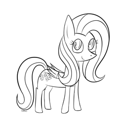 Size: 1098x1122 | Tagged: safe, artist:wapamario63, fluttershy, pegasus, pony, female, grayscale, mare, monochrome, simple background, smiling, solo, white background, wings