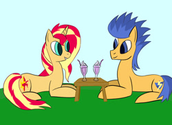Size: 1280x930 | Tagged: safe, artist:icedragon2269, derpibooru import, flash sentry, sunset shimmer, pegasus, pony, unicorn, female, flashimmer, grin, looking at each other, looking at someone, lying down, male, milkshake, prone, shipping, smiling, straight