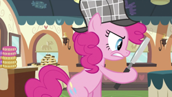 Size: 994x559 | Tagged: safe, derpibooru import, screencap, pinkie pie, earth pony, pony, mmmystery on the friendship express, season 2, cake, female, food, hat, magnifying glass, mare, narrowed eyes, sherlock pie, solo