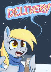 Size: 1400x2000 | Tagged: safe, artist:storyteller, derpibooru import, derpy hooves, ditzy doo, pegasus, pony, box, breath, clothes, cute, featured image, female, mare, package, scarf, snow, solo, speech bubble, yelling