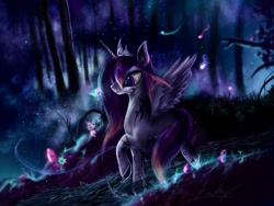 Size: 2048x1536 | Tagged: safe, artist:andley, derpibooru import, oc, oc only, oc:shining dusk, alicorn, pony, crown, crystal, dream, female, flower, forest, grass, jewelry, magic, mare, night, regalia, smiling, solo, tattoo, tree, walking, water