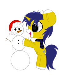 Size: 789x1013 | Tagged: safe, artist:starbatto, derpibooru import, oc, oc only, oc:seigwestwood, pony, unicorn, chibi, christmas, clothes, cutie mark, happy, hat, holiday, male, santa hat, scarf, simple background, snowman, solo, transparent background